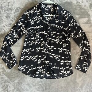 Express Portafino Top Womens XS Black  Horse All Over Print Office Casual Cute